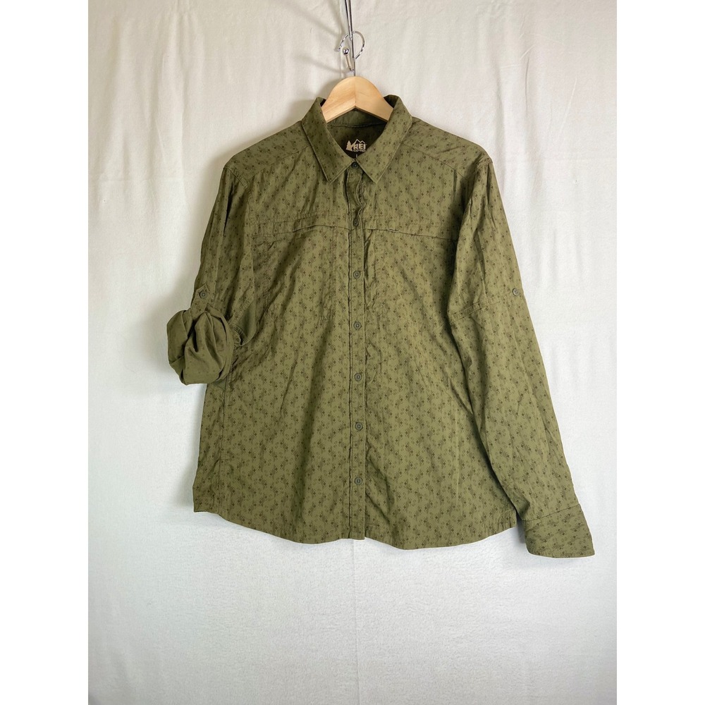 REI Co-op Sahara Womens Olive Green Diamond Print Long Sleeve Hiking Shirt L